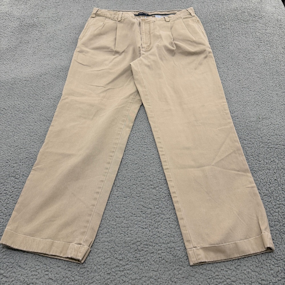 Nautica Pleated Chino Pants Mens 38x30 Khaki Tan Cotton Straight Leg Cuffed Hem